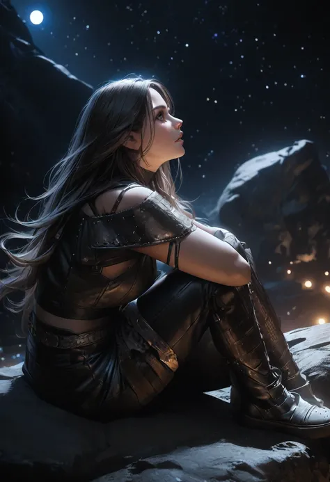 best quality, ultra realistic, A beautiful woman with long hair, photorealistic, Female Warrior, sitting on a rock, resting, looking up at the night sky, moon and stars,