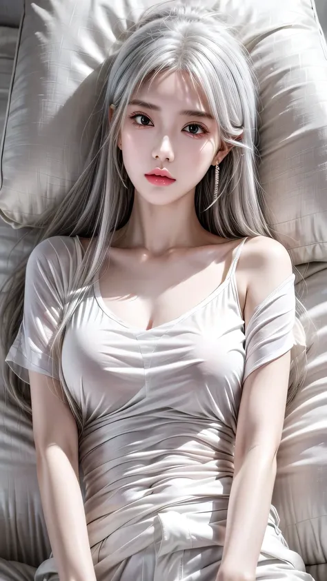 1 girl, solitary, long hair, shirt, white shirt, Bangs, Upper Body, earrings, Jewelry, white hair, shut up、Lying in bed