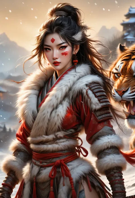 (best quality,4k,8K,High resolution,masterpiece:1.2),Extremely detailed,(Practical,photoPractical,photo-Practical:1.37),Thick fur winter coat,Creative fusion of traditional Chinese design patterns and contemporary elements, High Ponytail，Blood stains on fa...