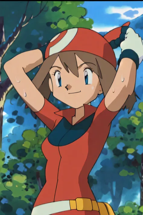 May, sleeveless,red top,sweating,smiling,forest in background, village, blue sky,moderately sized breasts, high quality, masterpiece mature appearance,armpits,sweat,sweaty,sweaty armpits,arms up,showing armpits,awesome armpits,outfit,blackish red arm warme...