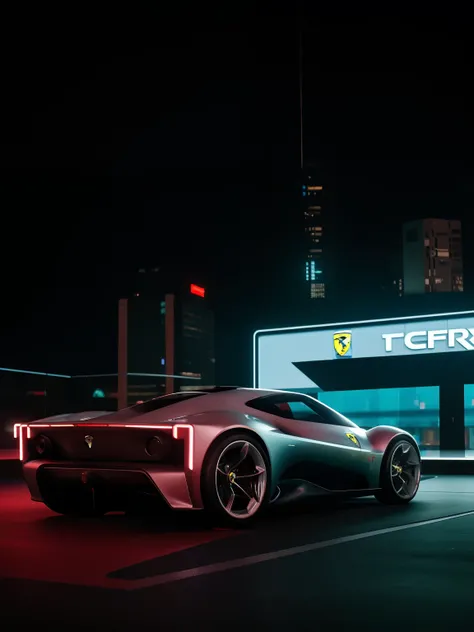 Ferrari concept car, metal, professional photo ,  science fiction, sci-fi scenario, (night), natural light, cyberpunk, futuristic city, cyberpunk city, neon signs, highly detailed, (highly detailed background), multiple buildings in the background, detaile...