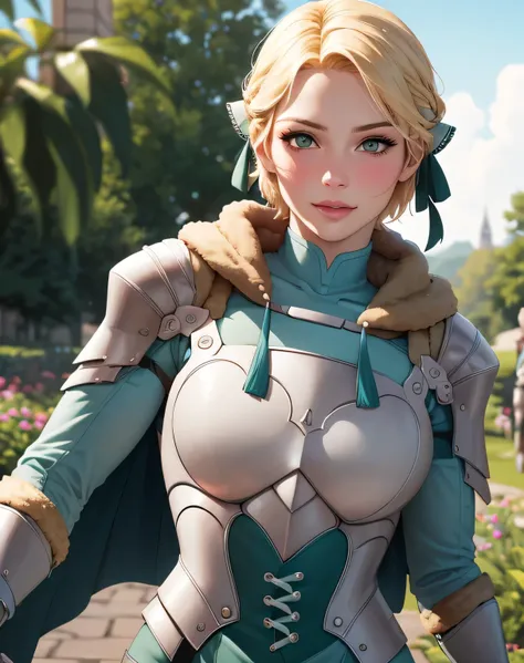 warIngrid, short hair, hair ribbons, shoulder armor, armor, breastplate, underbust, green coat, fur trim, vambraces, blue gloves, green cape, (masterpiece, best quality, ultra-detailed), realistic style, very close up shot 2.0, garden 2.0, looking at viewe...