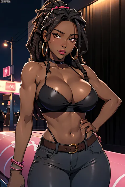 Realistic photo beautiful black sfw, thick but thin waist, dangerous curves, , seductive, African, tanned skin, pink  tube top, dark skin, dreadlocks, cleavage, exposed breasts, breast recess, trend in hyperrealism portrait Pixiv, At night club sexy pose, ...