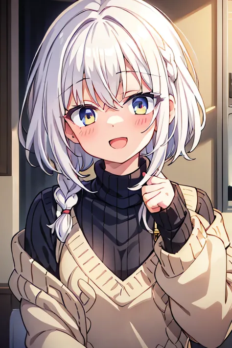 white hair, golden eyes, short hair, braided hair on the right side, messy hair, blushing, smile, open mouth, only wearing black sweater, wink eyes