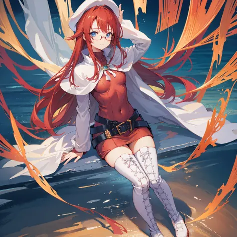 summonnightaty, aty, (young:1.3),long hair, blue eyes, red hair, big_berets, hat, glasses,
BREAK long hair, thighhighs, hat, dress, naked_legs, glasses, belt, cape, sweater, zettai ryouiki, beret, thigh boots, white footwear, ribbed sweater, loose belt,sol...