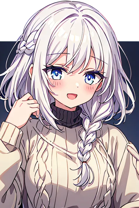 white hair, golden eyes, short hair, braided hair on the right side, messy hair, blushing, smile, open mouth, only wearing black sweater, wink eyes
