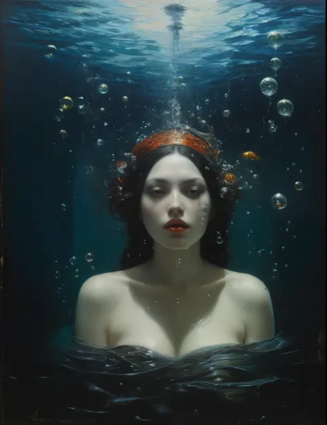 James Gurney, Surrealist art , dream-like, Mysterious, Provocative, symbolic, Complex, detailed,, (Gothic but very beautiful:1.4), (masterpiece, highest quality:1.4) , Nicola Samori Style, Beautiful Siren 、Water bubbles、Underwater