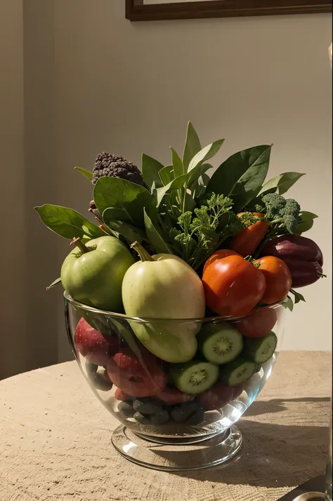 Illustration of still life vegetables in a crystal vase on the table.