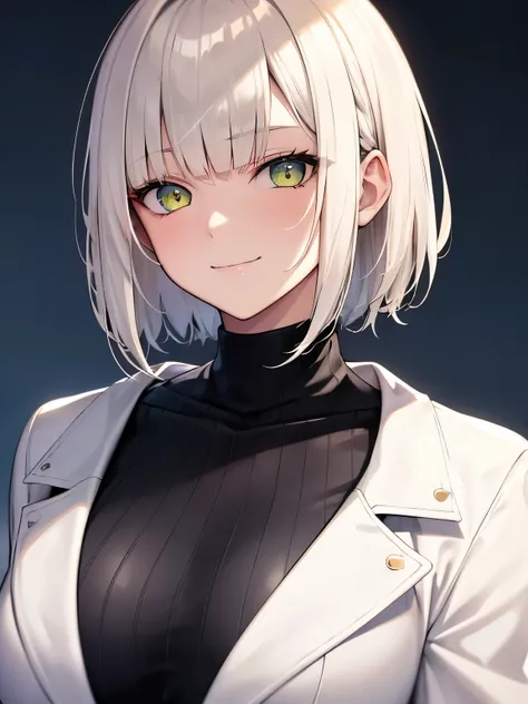 lineart, rkgk, 1girl, platinum blonde hair, short hair, dyed bangs, parted bangs, lime eyes, glowing eyes, breasts, white jacket, black turtleneck sweater, light smile, smug, upper body, portrait, close-up, nighttime