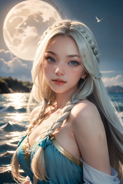 there is one girl coming out of the sea, the swan princess from russian mythology, a beautiful calm face, blue eyes, blond long ...