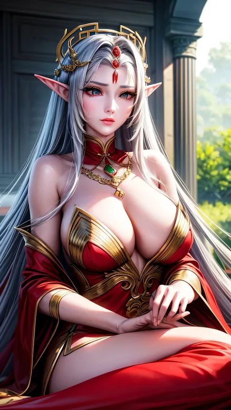 Close-up of a woman wearing a red dress and gold jewelry, （（Elf ears）），Royal sisters，Excellent appearance，Queen Medusa，Beautiful and elegant queen, portrait of queen, xianxia, Beautiful fantasy queen, xianxia fantasy, Beautiful young wind elf, Inspired by ...