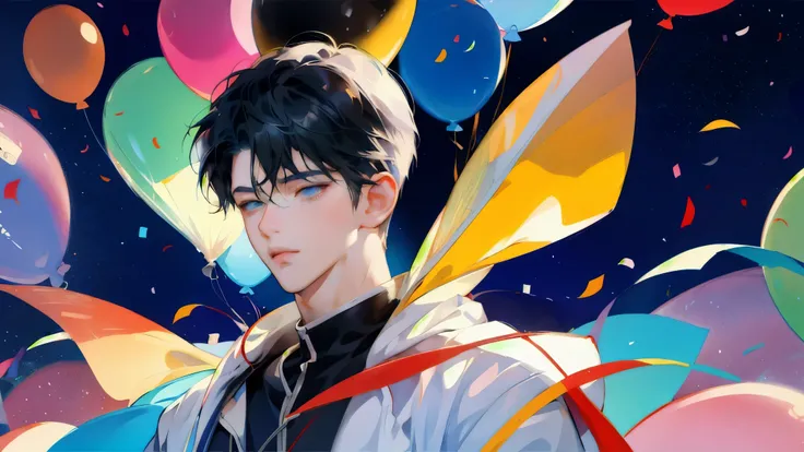 anime boy with balloons and confetti in the air, Animated visual of a cute boy, young anime boy, Beautiful animation art style, anime atmosphere, nightcore, Clean and detailed animated art, cute anime boy, beautiful animated portraits, High-quality animati...