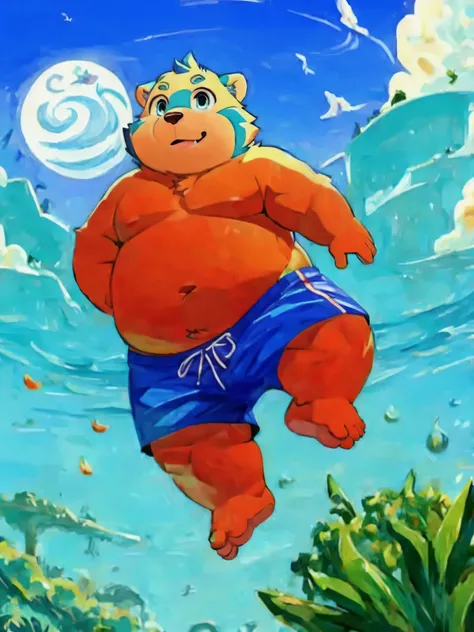 (masterpiece, best quality:1.2),, xiaobo，furry，overweight，the whole body，foot，sky，swimming trunks，bare，naked，jump，Low viewing angle