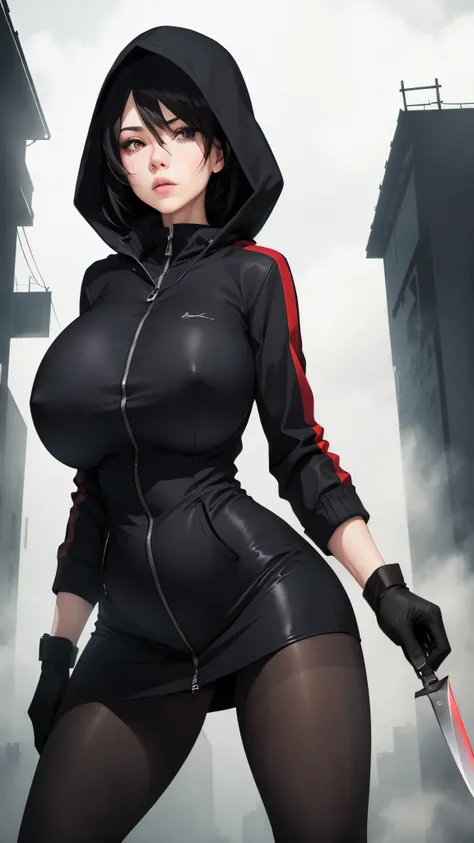 Silent hill city, fog, huge boobs, huge hips, darkness woman black hair, full zip coat black, long polo shirt, pencil mini skirt, pantyhose, hood, gloves, knife, fog, strong stance,