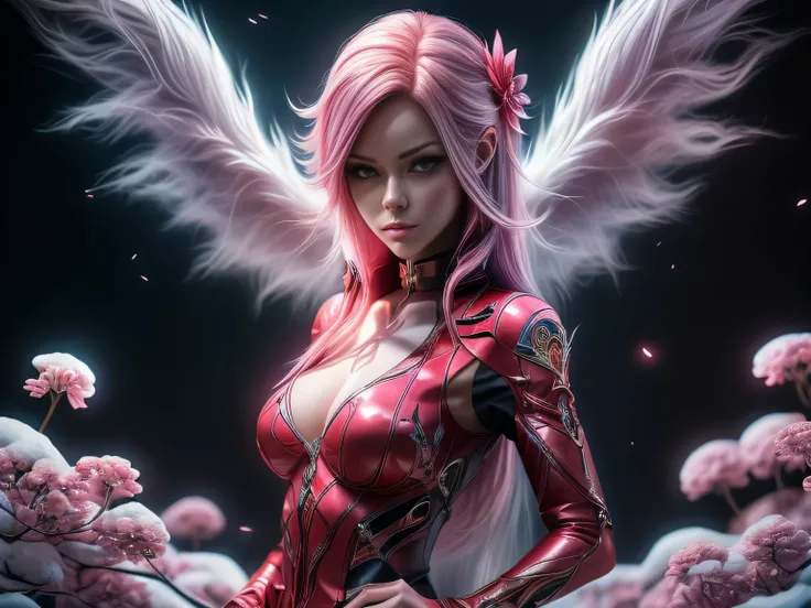 (Best Quality, 8K, Masterpiece, HDR, Soft Lighting, Picture Perfect, Realistic, Vivid), Nine tails of snow white fox(1.0), milk fox tail(1.0), nine tailed fox, anime girl with pink hair and pink, dressed in sexy leather suit, beautiful fantasy anime, very ...