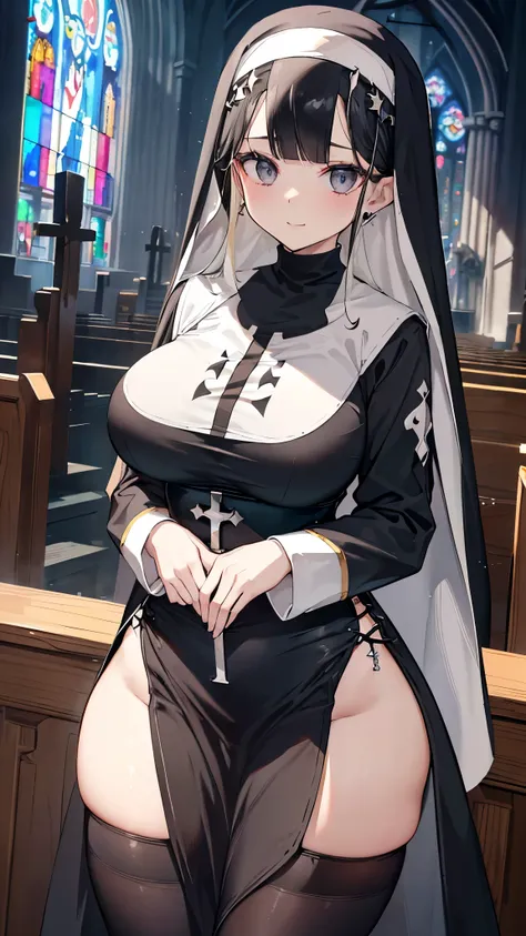 (8k、Best image quality、highest quality、masterpiece)、Detailed face、 One girl、Black Hair、Long Hair、blunt bangs、Grey Eyes、Earrings、smile、((Very large breasts))、((nun))、No sleeve、((side slit))、((black panty hose))、((Thick waist:1.3))、Cowboy Shot、altar、Stained ...