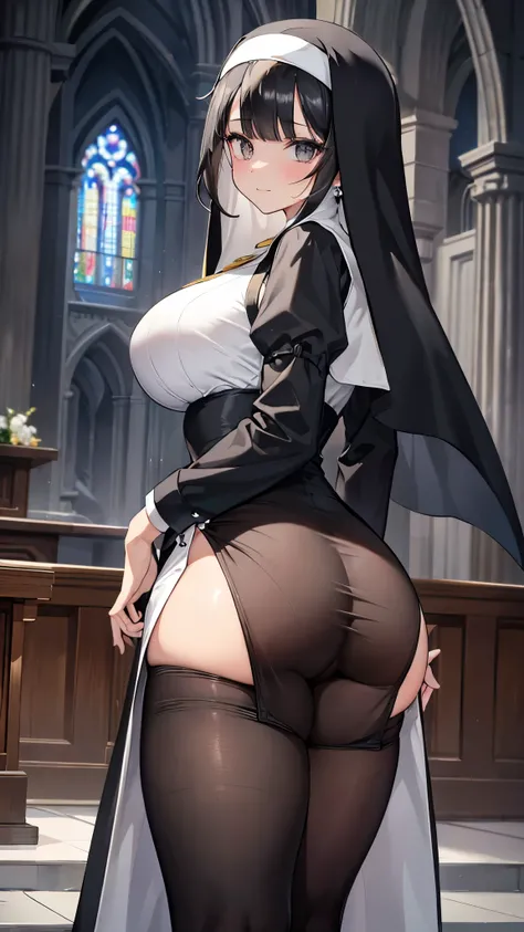 (8k、Best image quality、highest quality、masterpiece)、Detailed face、 One girl、Black Hair、Long Hair、blunt bangs、Grey Eyes、Earrings、smile、((Very large breasts))、((nun))、No sleeve、((side slit))、((black panty hose))、((Thick waist:1.3))、((Big Ass))、turn around、Tu...