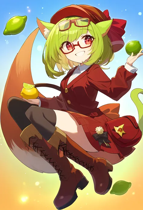 (masterpiece, best quality:1.2),1girl, red sweater, lime hair, red hat, bat wings, red eyes, smile, girl smiling, glasses, boots, horn on the head, tail, 