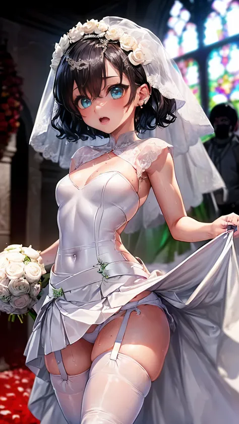 highest quality,masterpiece,8k,((((1girl)))),small breasts,orgasm,blush,sweat,fuuma_tokiko,(loli,,bob cut,small breasts, short hair,wavy hair:1.5),black hair,long hair,((((wedding dress,mini skirt:1.3)))),((lift skirt,upskirt,white panties,white thighhighs...