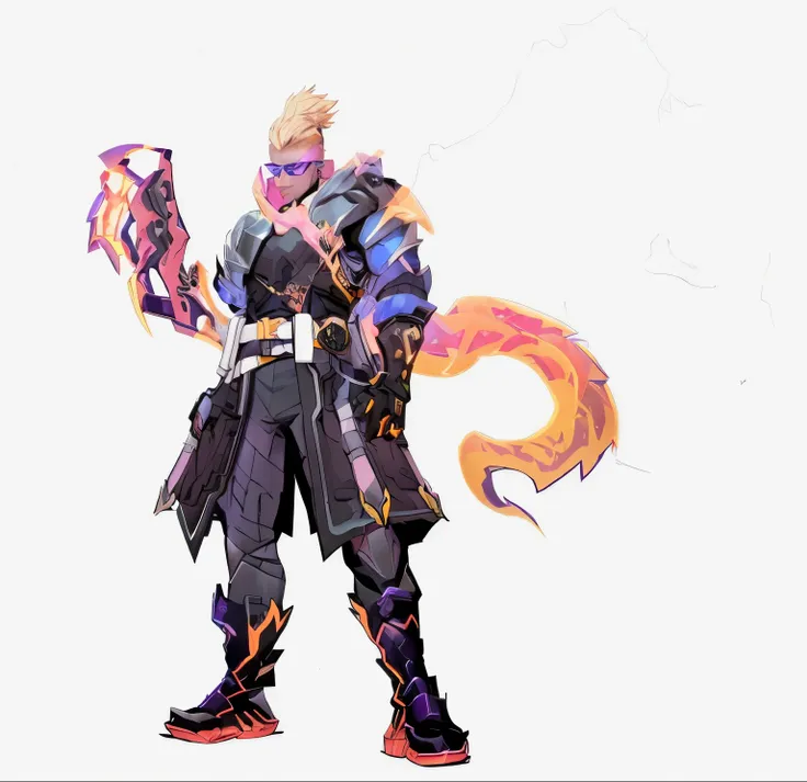 Character Appearance:

Hair: Short, spiked blonde hair.
Face: Strong jawline, serious expression, wearing a visor or glasses.
Build: Muscular, athletic physique.
Armor:

Colors: Predominantly black and blue with vibrant orange and purple accents.
Design: A...