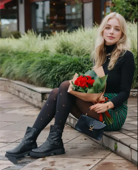 uma mulher, americana, 25 anos, pale skin and freckles, olhos cinzas, nariz delicado, soft and delicate lips, longo, cabelo blondie longo e ondulado na altura da cintura, sorriso meigo, face with delicate feminine facial features, altamente renderizado