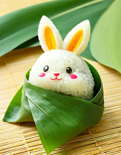 A rabbit-shaped rice dumpling, (((the lower half of the body is wrapped in tapered leaves))), made of glutinous rice, has a cute expression, the head sticking out of the leaves, equidistant, cartoon-style, Macro Lens, studio light, bold color scheme
