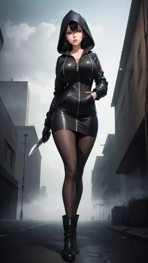 Silent hill city, fog, huge boobs, huge hips, darkness woman black hair, full zip coat black, long polo shirt, pencil mini skirt, pantyhose, hood, gloves, knife, fog, strong stance,