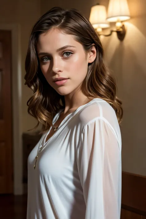 Teresa Palmer portant un shirt moulant et transparent (dans une chambre), Very detailed, visage innocent, natural wavy hair, High resolution, Masterpiece, Best quality, Intricate details, highly detailed, mise au point nette, detailed skin, realistic skin ...