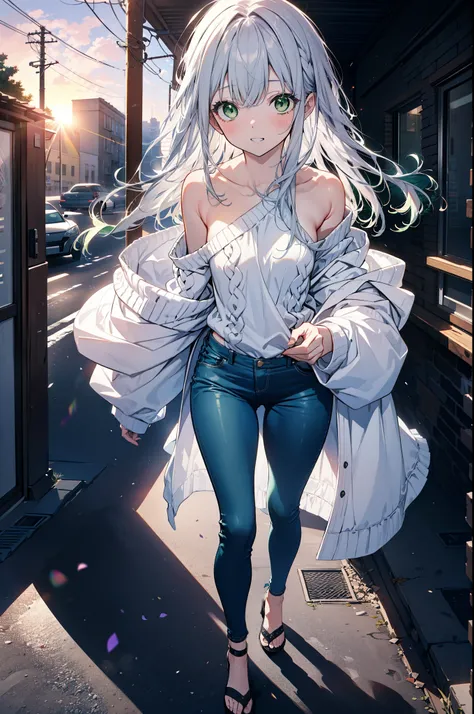 index, index, (Green Eyes:1.5), Silver Hair, Long Hair, (Flat Chest:1.2),Grin,Oversized one-shoulder sweater,Skinny jeans,Stiletto heels,Sunset,evening,The sun is setting,Walking,whole bodyがイラストに入るように,Cold Sky,White Breath,
break looking at viewer, whole b...