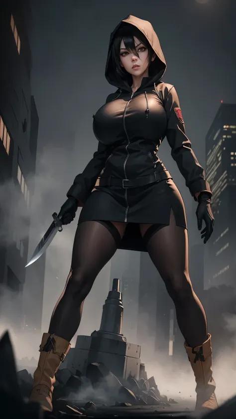 Silent hill city, fog, huge boobs, huge hips, darkness woman black hair, full zip coat black, long polo shirt, pencil mini skirt, pantyhose, hood, gloves, knife, fog, strong stance,