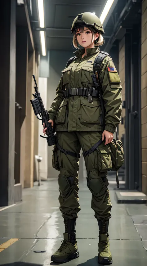 A female soldier wearing shoes stands guard、Wearing an olive green M-51 jacket、Wear a helmet、Write details、masterpiece、best quality、Highly detailed CG、8K picture quality、theater lighting、lens flare