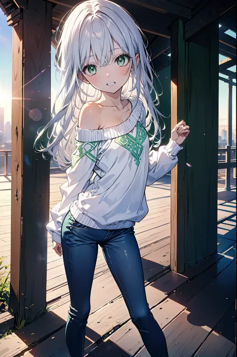 index, index, (Green Eyes:1.5), Silver Hair, Long Hair, (Flat Chest:1.2),Grin,Oversized one-shoulder sweater,Skinny jeans,Stiletto heels,Sunset,evening,The sun is setting,Walking,whole bodyがイラストに入るように,Cold Sky,White Breath,
break looking at viewer, whole b...