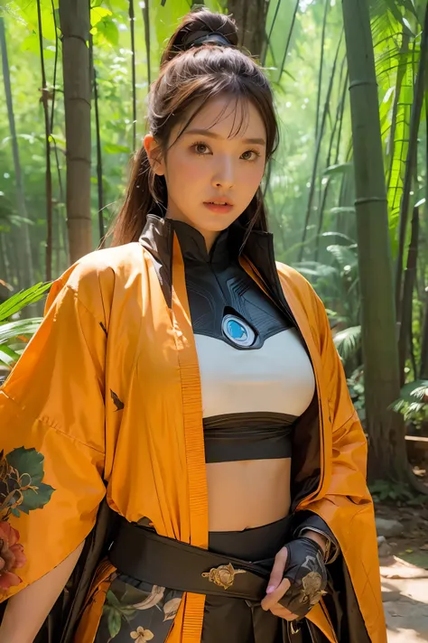 bamboo forest background，A look of determination，colorful vivid octane render, cybernetic and highly detailed, loba andrade from apex legends, created in unreal engine 5, made in unreal engine 5, trending on unreal engine 5, Antique portraits, Martial arts...