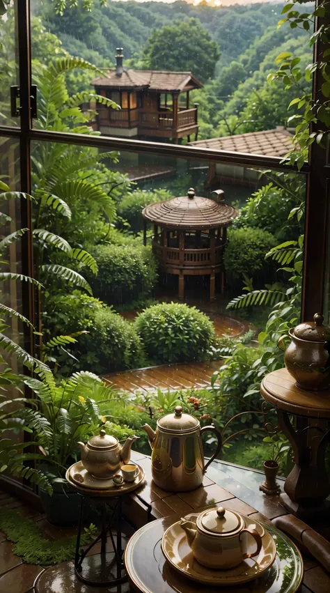 A realistic photo of comfort chair in a terrace of house with a table of a tea pot and biscuits on plate, a view of greenery forest in a rain, retro sunset, high detail, ultra realistic, sharpen