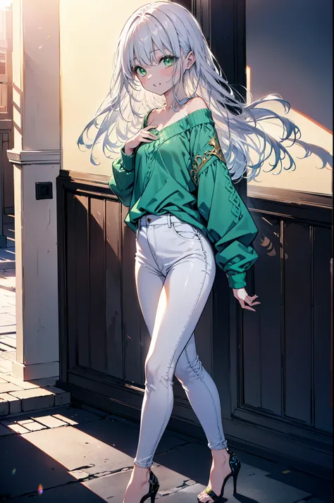 index, index, (Green Eyes:1.5), Silver Hair, Long Hair, (Flat Chest:1.2),Grin,Oversized one-shoulder sweater,Skinny jeans,Stiletto heels,Sunset,evening,The sun is setting,Walking,whole bodyがイラストに入るように,Cold Sky,White Breath,
break looking at viewer, whole b...