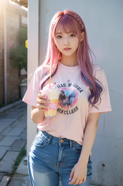 anipoma1,(masterpiece, best illustration, best manga), solo, 1girl, violet eyes, (shiny skin, soft hair), (holding a milkshake), freckles, (bright pink two tone hair:1.3), (wearing a led zepplin tshirt, denim jeans), (extreme light and shadow, volumetric l...