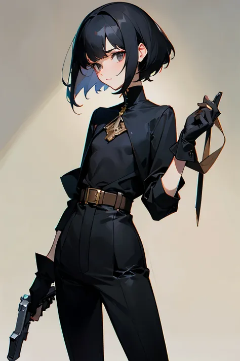 A black-haired, small-chested, tall, thin nun wearing gloves and holding a revolver.