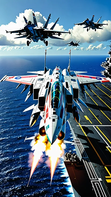 A scene from a movie,Scene from Macross F where the Macross VF-01 takes off from an aircraft carrier moving freely through the air,with high definition images,