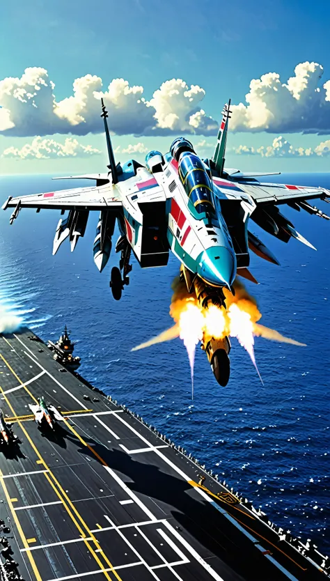 A scene from a movie,Scene from Macross F where the Macross VF-01 takes off from an aircraft carrier moving freely through the air,with high definition images,