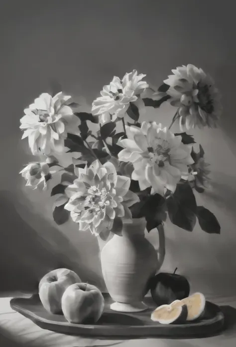 grey，sketch（black and white：1.5）, crayon art, sketch, rough sketch, detailed penciling,sketch， still life photography, vase with...