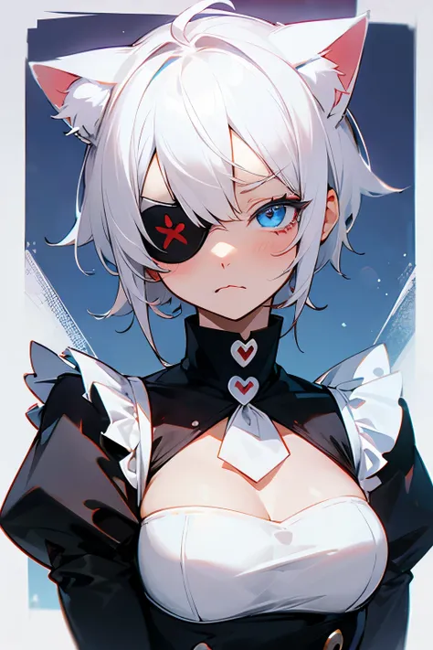  with short hair, white hair, blue eyes, right eye wearing an eyepatch, super maid outfit, cat ears, cute, shy face, red face.