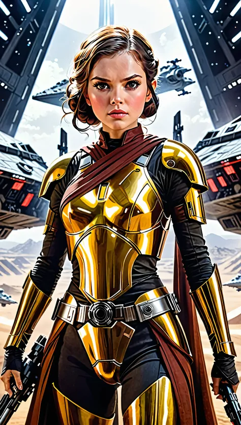 in a captivating scene in a high definition movie、the fierce star wars heroine appears against the backdrop of a towering star d...