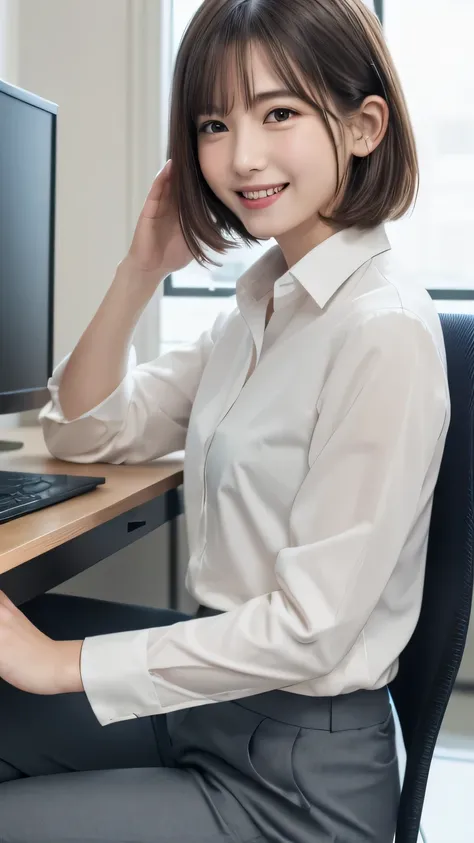 closeup shot , Best picture quality (8K, high resolution, Masterpiece: 1.2), super detailed,  215 Short Hair, 16-year-old woman, 
situation: A scene of working on a computer in the office。
clothing: Smart business casual shirt and slacks、Loafers underfoot。...