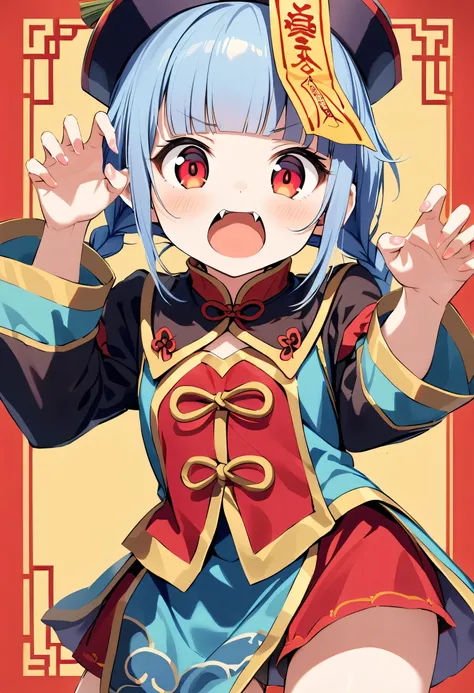 A cute young jiangshi girl, solo, with twin braids and blunt bangs framing her red eyes. She wears a qingdai guanmao adorned with an ofuda and traditional Chinese clothing. Her small fangs are bared as she strikes a claw pose. 