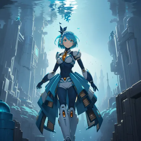 rico_megamanxdive, 1girl, solo, blue eyes, short hair, blue hair, android, high quality, masterpiece, standing in an underwater city with lots of bubbles, in the style of yuumei, intricate architectures, indigo, miniature illumination, daniel f. gerhartz