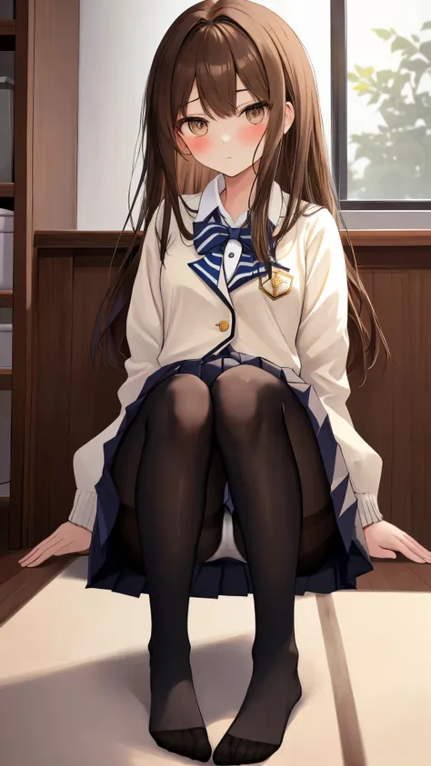 highest quality, masterpiece, High resolution, (Head to Toe full body), front, frontやや下からの構図, Symmetric, Tall 18 year old girl, alone, (Head to Toe), (Small breasts), disheveled brown hair, bangs, (black tights), (Black Pantyhose), (Sit with your legs apar...