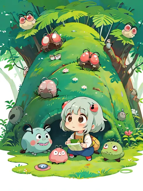 hayao miyazaki style, Kawaii Design, The most beautiful girl of all time、Chibi, Cute and colorful pillbugs、play together、Lots of pillbugs、Totoro Forest