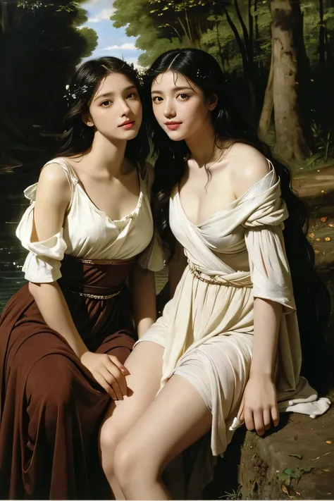 Giorgione painting style,Barbizon forest A beautiful woman in Greek dress smiles on the shore,Sweet and seductive appearance.、Caravaggios paintings、Chiaroscuro of Caravaggio、hair tousled by the wind,Two women frolicking,cute smile, expression of ecstasy,Se...