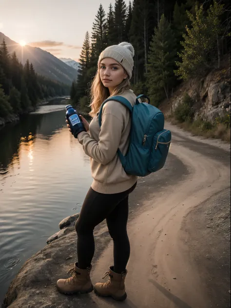 photography of a 20yo woman,light blond hair,blue-eyed woman, perfect face, masterpiece,instaphoto,latina, a mole on my right cheek, photorealistic,8k, outdoors, (sunset), mountains, nature, (sun going down), backpack, water bottle, hiking boots, gloves, s...