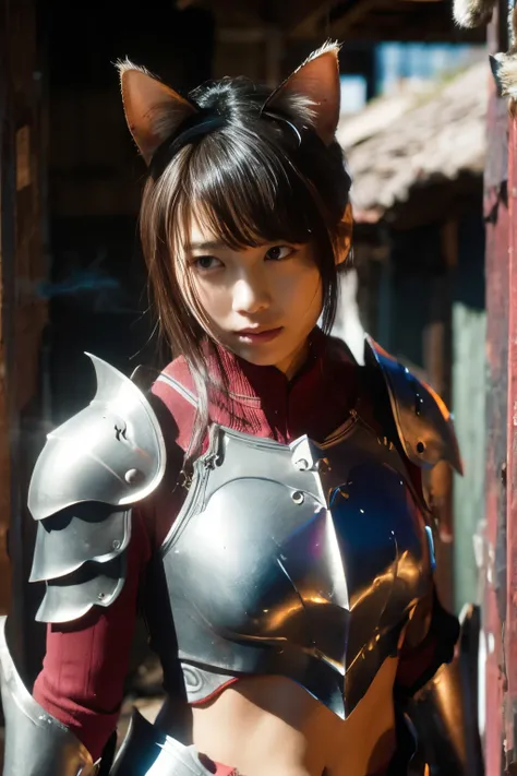 masterpiece, best quality, crisp detail, high definition, kasumi arimura, (cat ears:1.4),(fully decorated silver armor :1.5), fighting stance, dirty, sweating, (blood scattered:1.4), bloodbath, carnage, fire everywhere, smoke everywhere, blood everywhere, ...